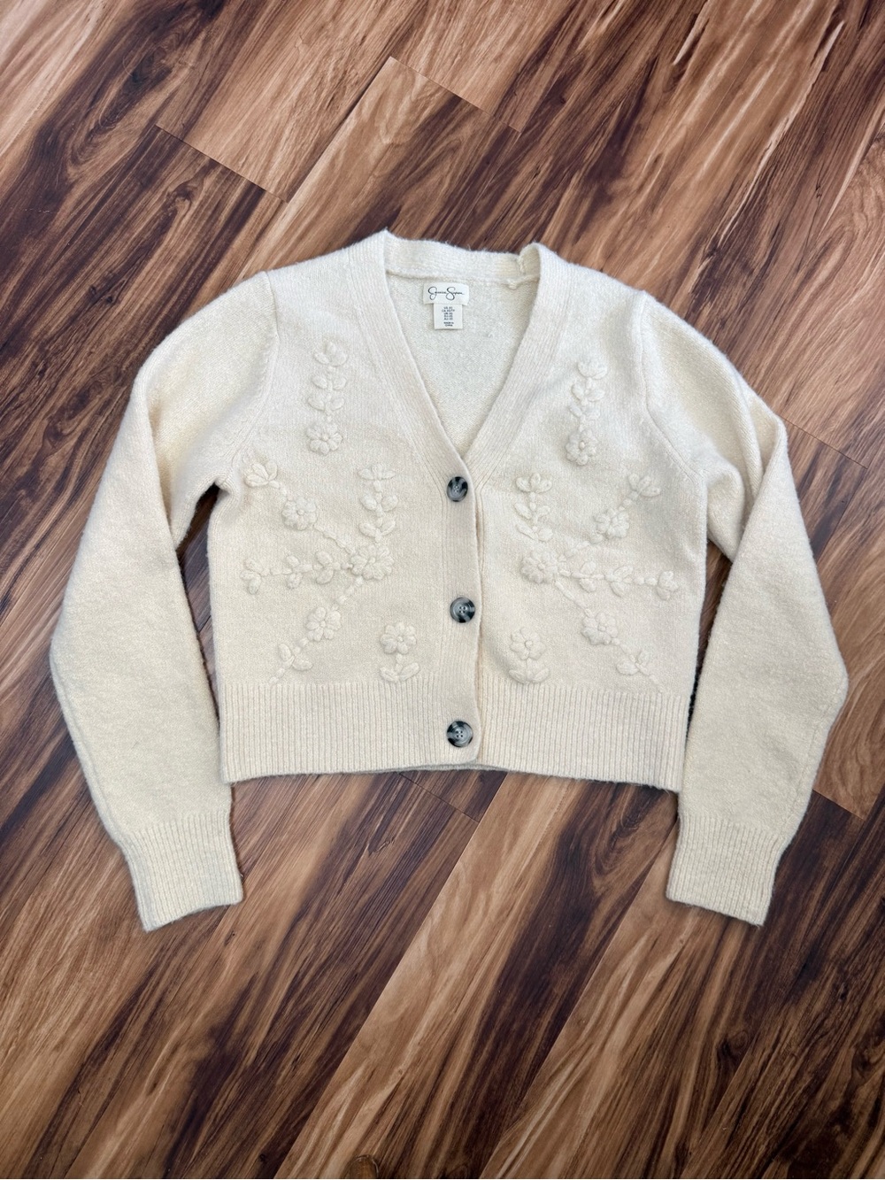 Jessica Simpson Cream Floral Appliqué V-Neck Cardigan